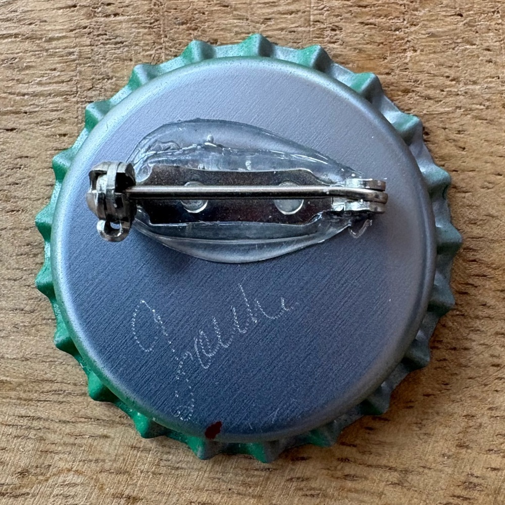 From Santa Fe, NM a Hand-Crafted Virgin Mary Bottlecap Shrine Pin with Sequins - Picture 3 of 7
